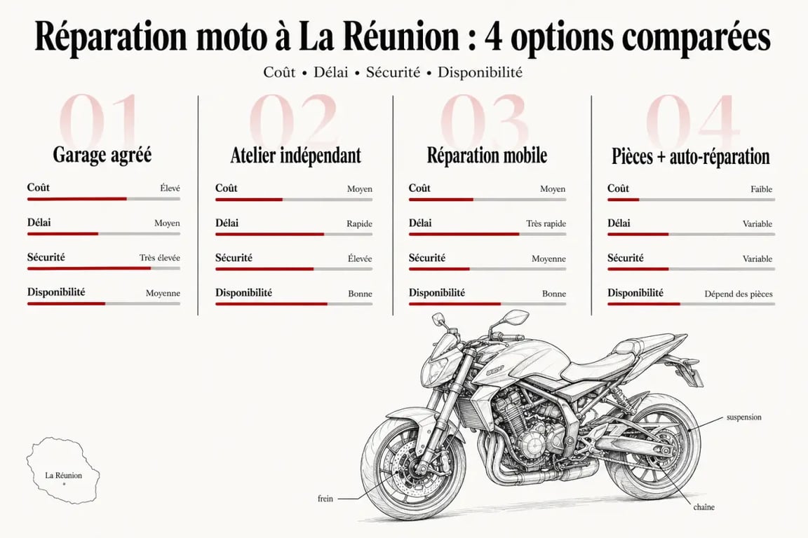 Comment réduire le coût de réparation de votre moto à La Réunion : comparaison visuelle des options pièce neuve, pièce de réemploi, pièce d’occasion et réparation soi-même
