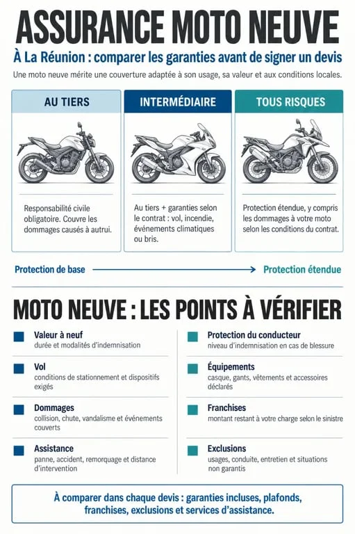 Infographie sur le devis assurance moto neuve à La Réunion et les garanties à comparer