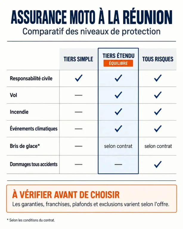 Assurance moto tiers étendu à La Réunion : comparaison des garanties entre tiers simple, tiers étendu et tous risques
