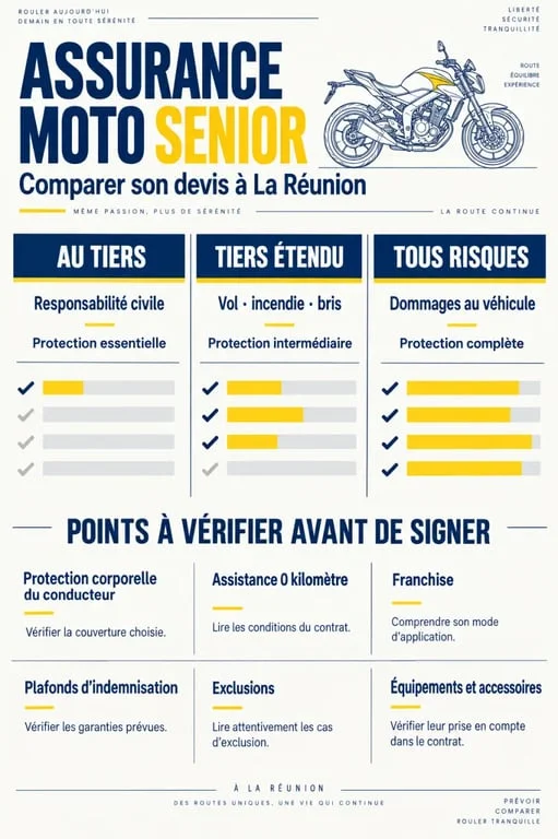 Infographie sur le devis d’assurance moto senior à La Réunion et les garanties à comparer