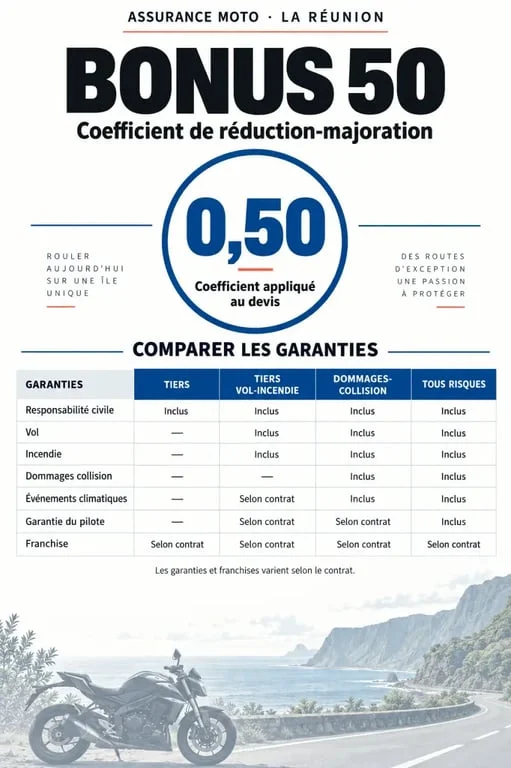 Devis assurance moto bonus 50 Réunion : infographie des garanties et franchises