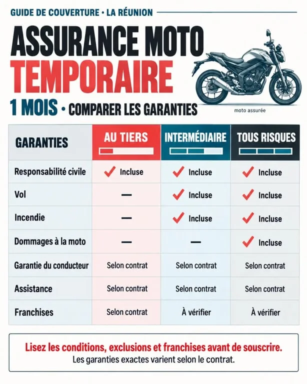 Infographie sur les garanties d’un devis assurance moto 1 mois à La Réunion