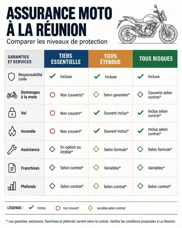 Infographie comparative d’un devis d’assurance moto par téléphone à La Réunion selon les niveaux de garanties
