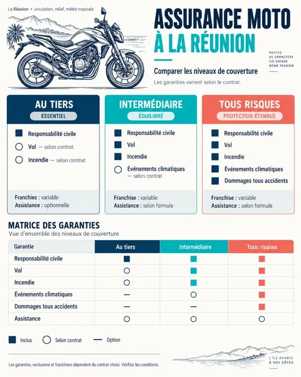 Assurance moto à La Réunion : différences entre garanties au tiers, intermédiaire et tous risques