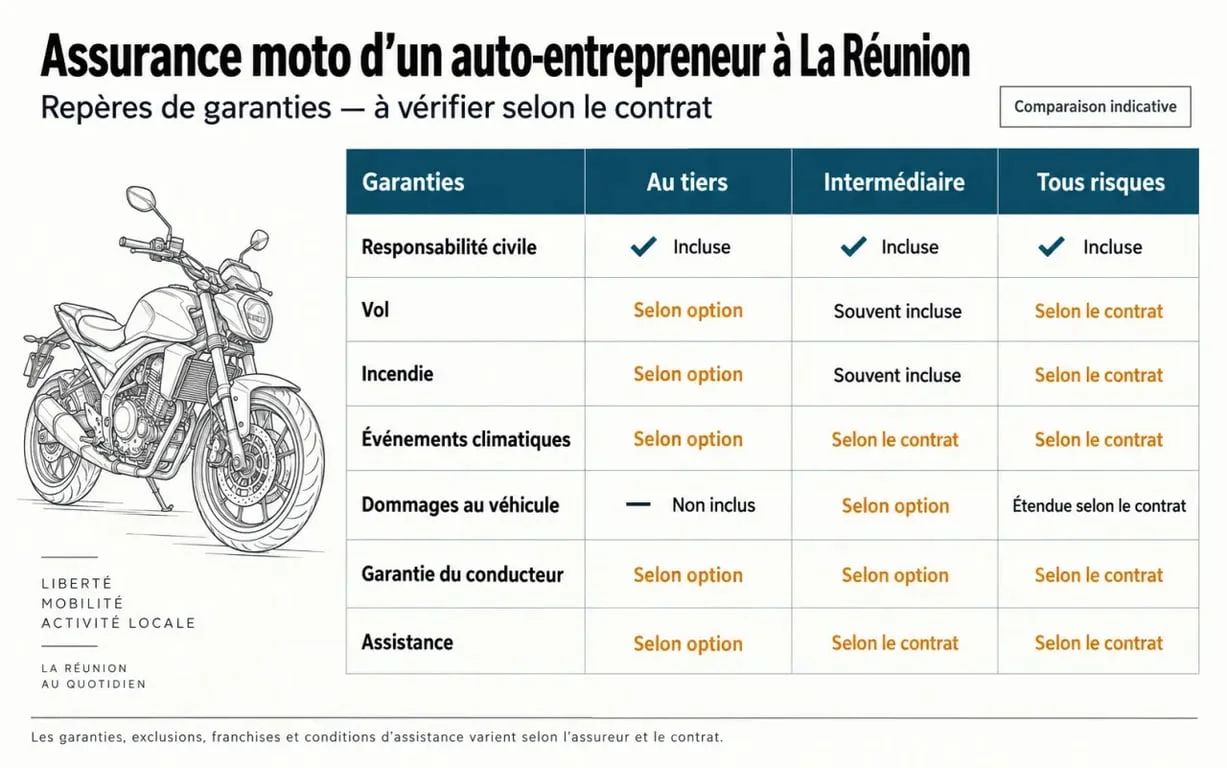 Devis assurance moto auto-entrepreneur à La Réunion : comparaison des formules au tiers, intermédiaire et tous risques