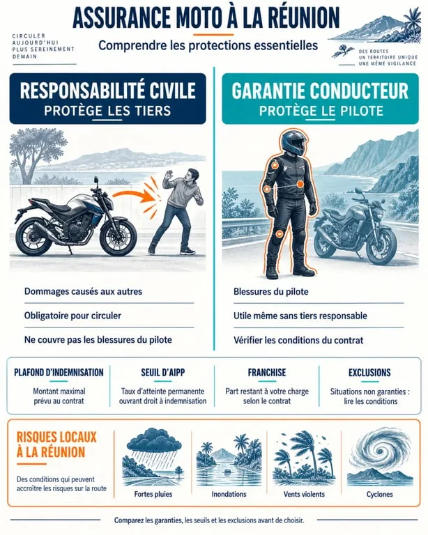 Garantie conducteur pour un devis assurance moto avec garantie conducteur à La Réunion : responsabilité civile, plafond, franchise et exclusions
