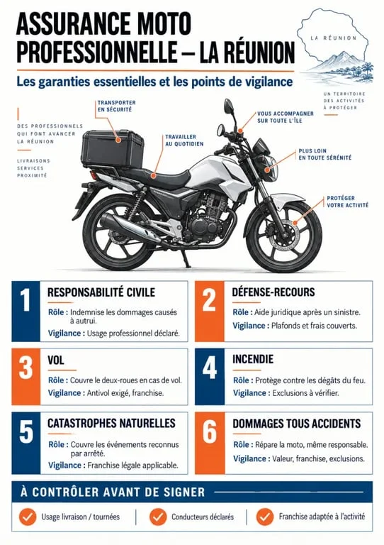 Infographie des garanties d’un devis assurance moto professionnelle à La Réunion