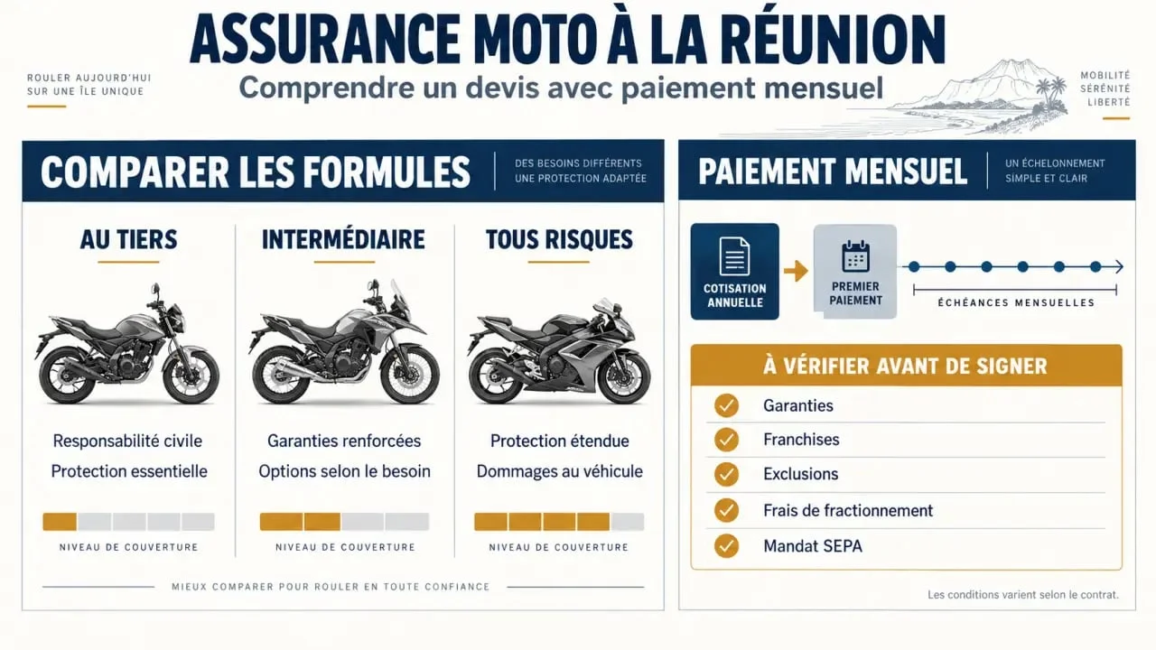 Infographie sur un devis assurance moto paiement mensuel à La Réunion et les formules de garanties