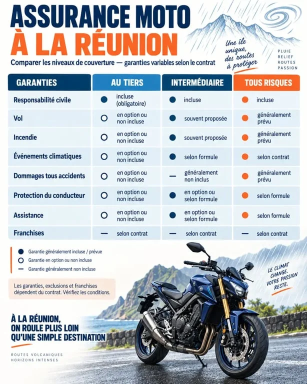 Devis assurance moto tous risques à La Réunion : comparaison des formules tiers, intermédiaire et tous risques