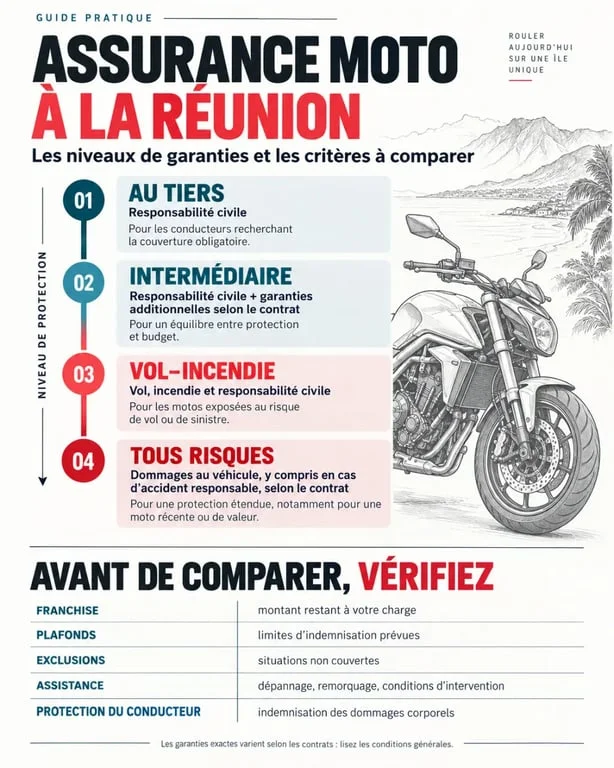 Devis assurance moto rapide 974 : infographie des niveaux de garanties et critères de comparaison