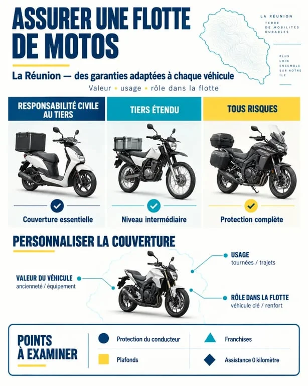 Infographie sur un devis assurance moto flotte Réunion : niveaux de garanties, franchises et protection du conducteur