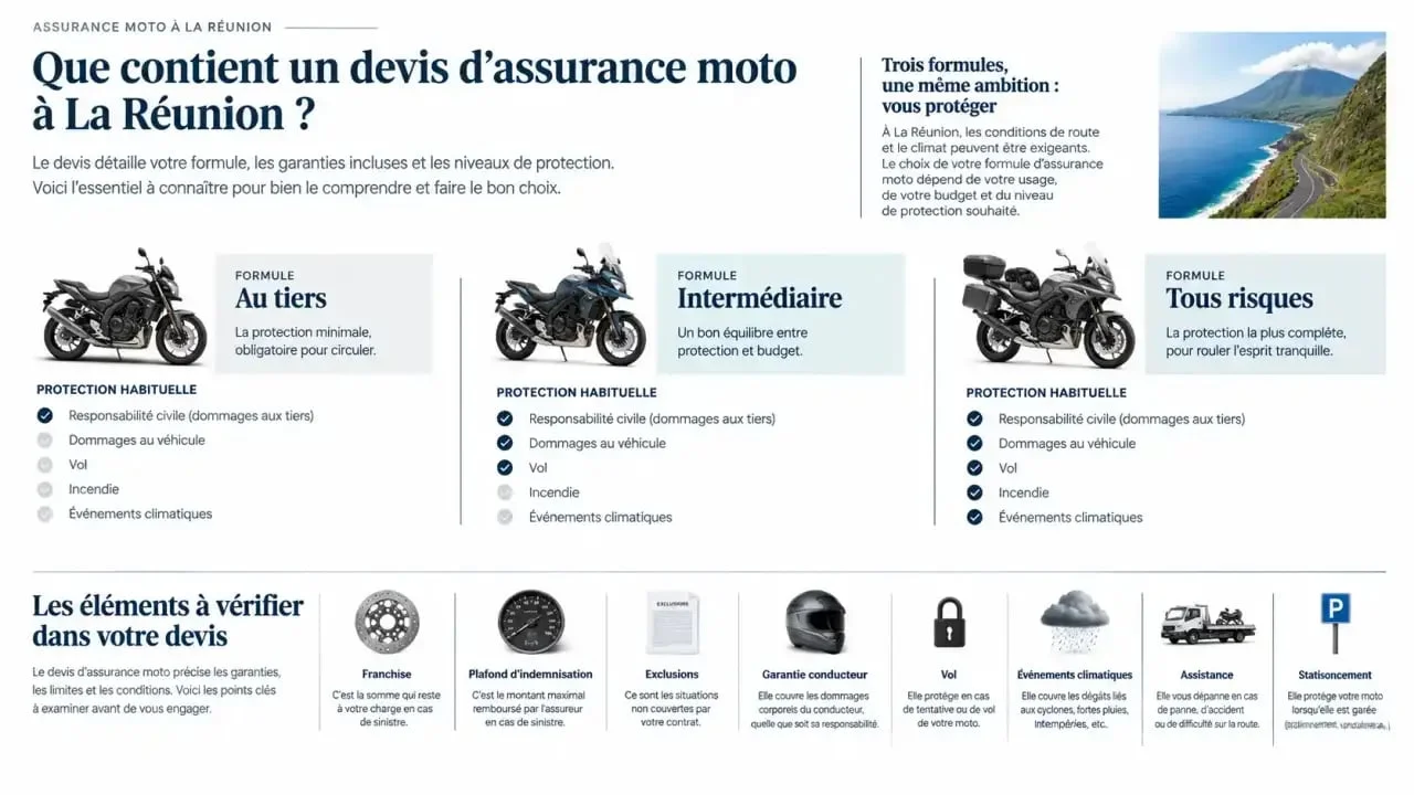 Infographie sur ce que contient un devis d’assurance moto à La Réunion et les différences entre les formules