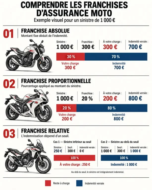 Devis assurance moto franchise expliquée réunion : infographie des franchises absolue, proportionnelle et relative