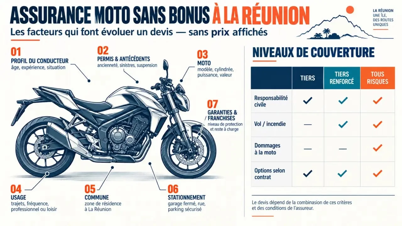 Infographie sur un devis assurance moto sans bonus à La Réunion et les facteurs de tarification