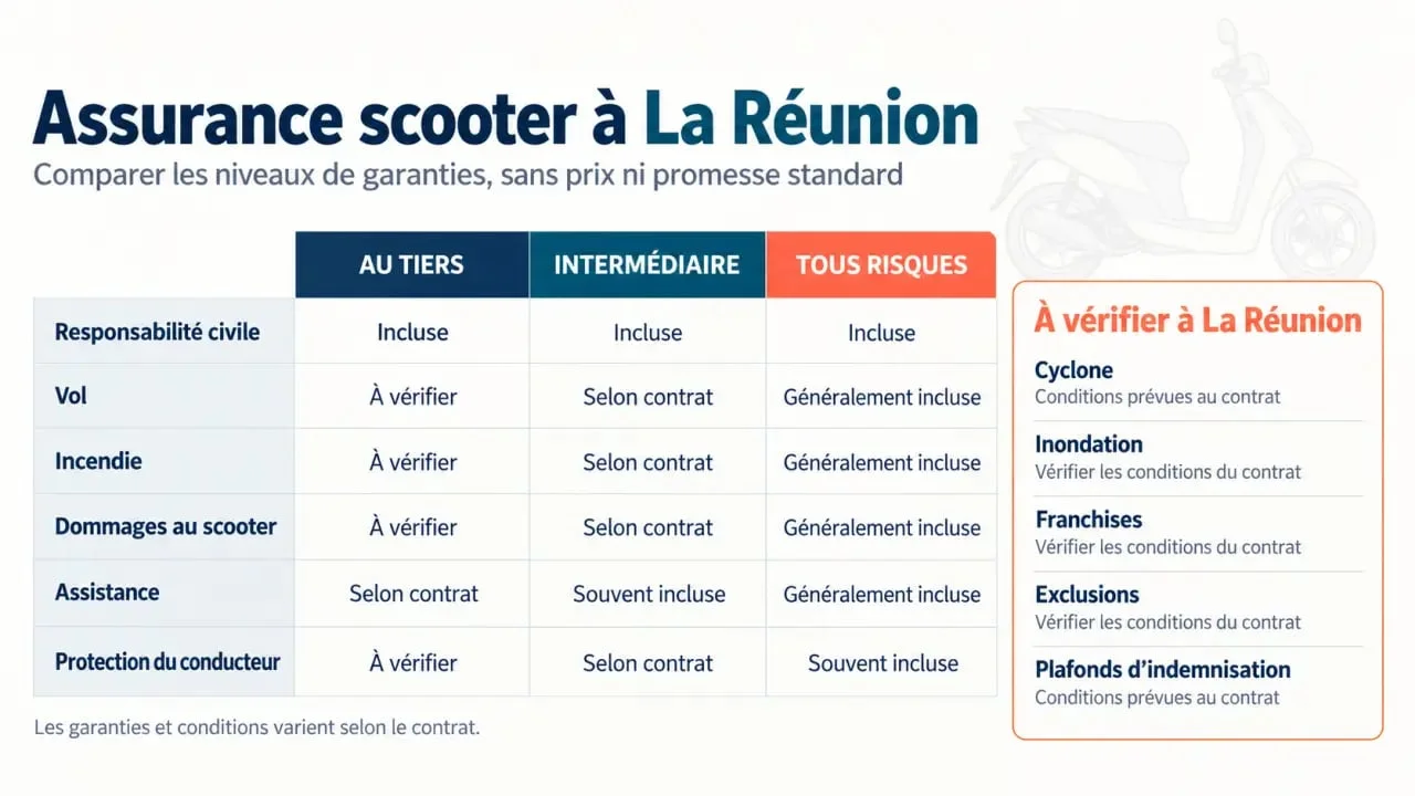 Devis assurance scooter Réunion : comparaison visuelle des formules au tiers, intermédiaire et tous risques