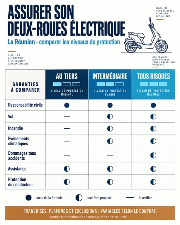 Devis assurance moto électrique Réunion : comparaison visuelle des formules au tiers, intermédiaire et tous risques