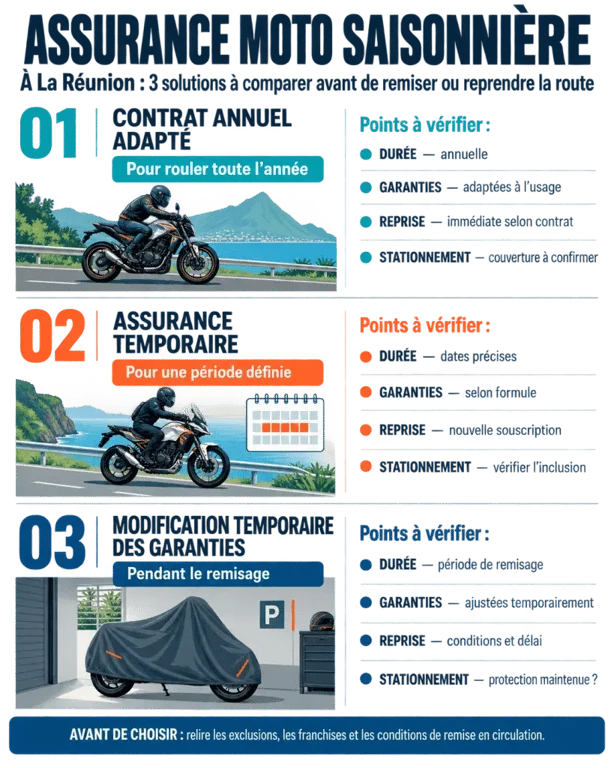 Infographie sur le devis d’assurance moto saisonnière à La Réunion et les solutions pendant le remisage