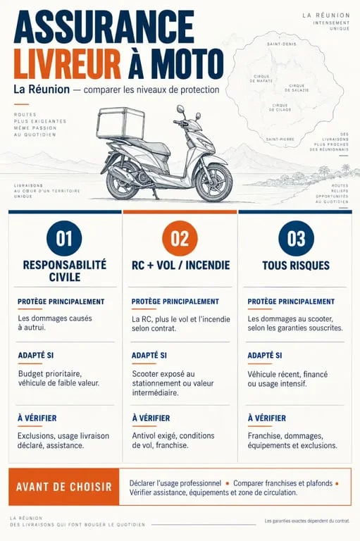 Infographie sur le devis assurance moto livreur à La Réunion et les niveaux de garanties