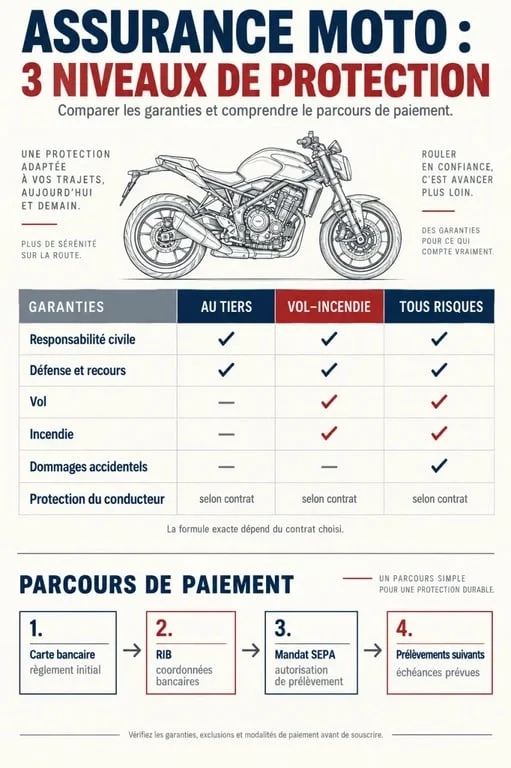 Infographie sur le devis assurance moto prélèvement Réunion et les formules au tiers, vol-incendie et tous risques