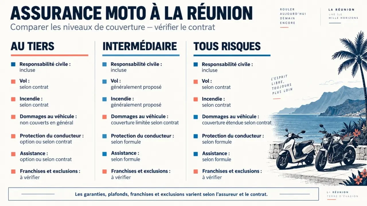 Devis assurance moto femme Réunion : comparaison visuelle des formules au tiers, intermédiaire et tous risques
