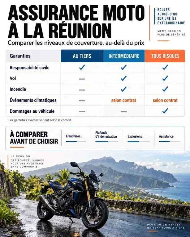 Infographie pour un devis assurance moto société 974 comparant les formules au tiers, intermédiaire et tous risques