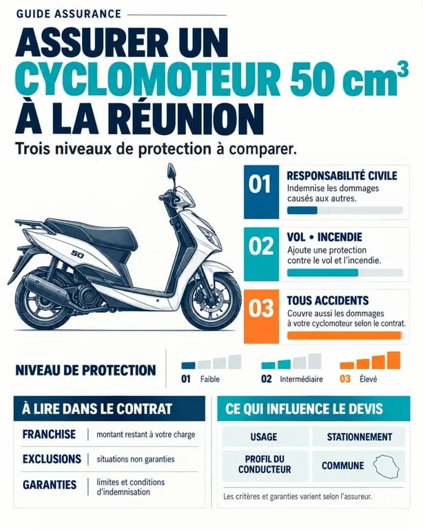 Devis assurance cyclomoteur Réunion : comparaison visuelle des garanties et franchises