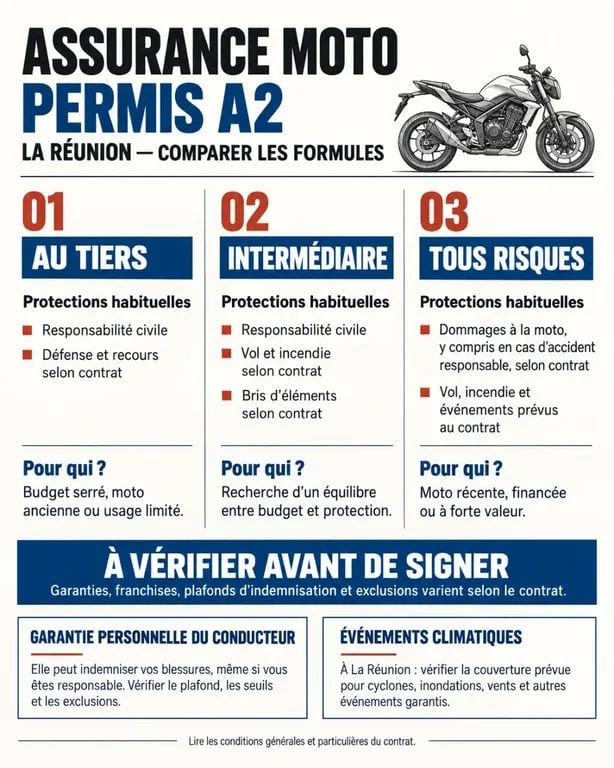 Devis assurance moto permis A2 à La Réunion : infographie des formules et garanties