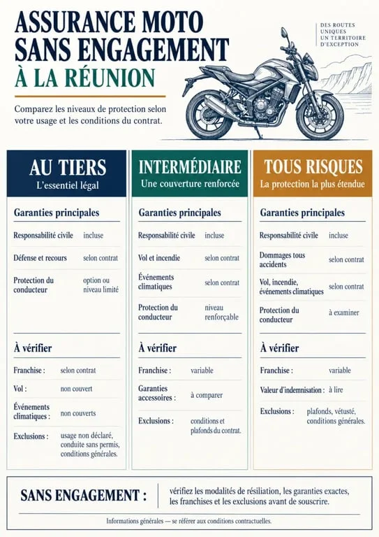 Infographie comparative sur un devis d’assurance moto sans engagement à La Réunion