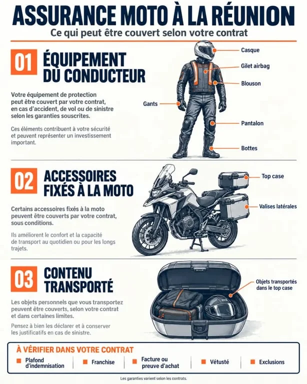 Infographie sur le devis assurance moto avec équipement à La Réunion : équipement du conducteur, accessoires et contenu du top case