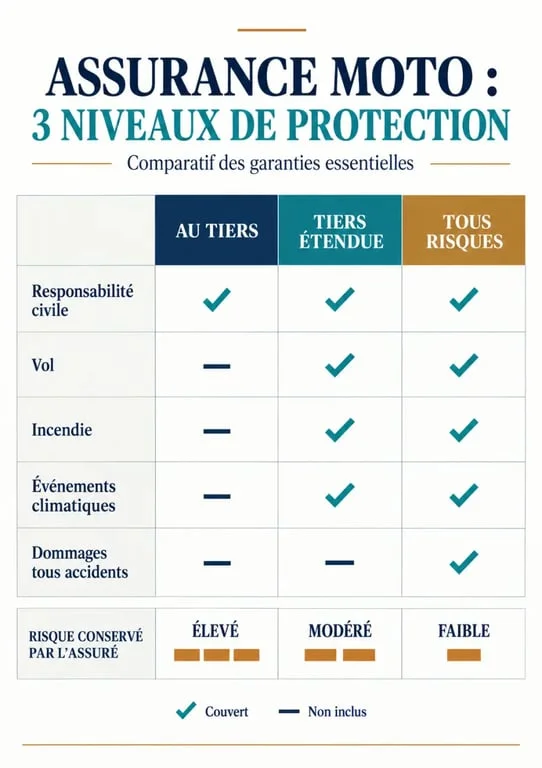 Infographie comparative pour un devis assurance moto en agence réunion : tiers, tiers étendue et tous risques
