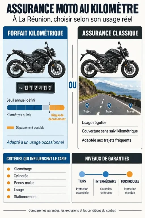 Infographie sur le devis d’assurance moto au kilomètre à La Réunion et les garanties à comparer