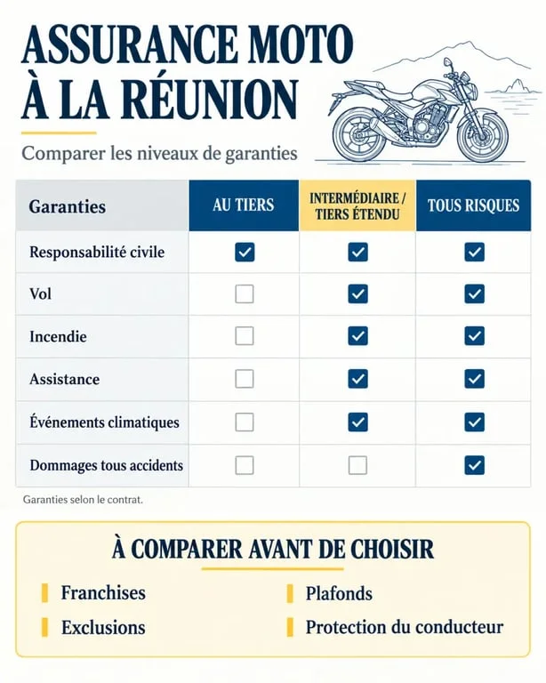Infographie pour comparer des devis d’assurance moto à La Réunion selon les formules et garanties
