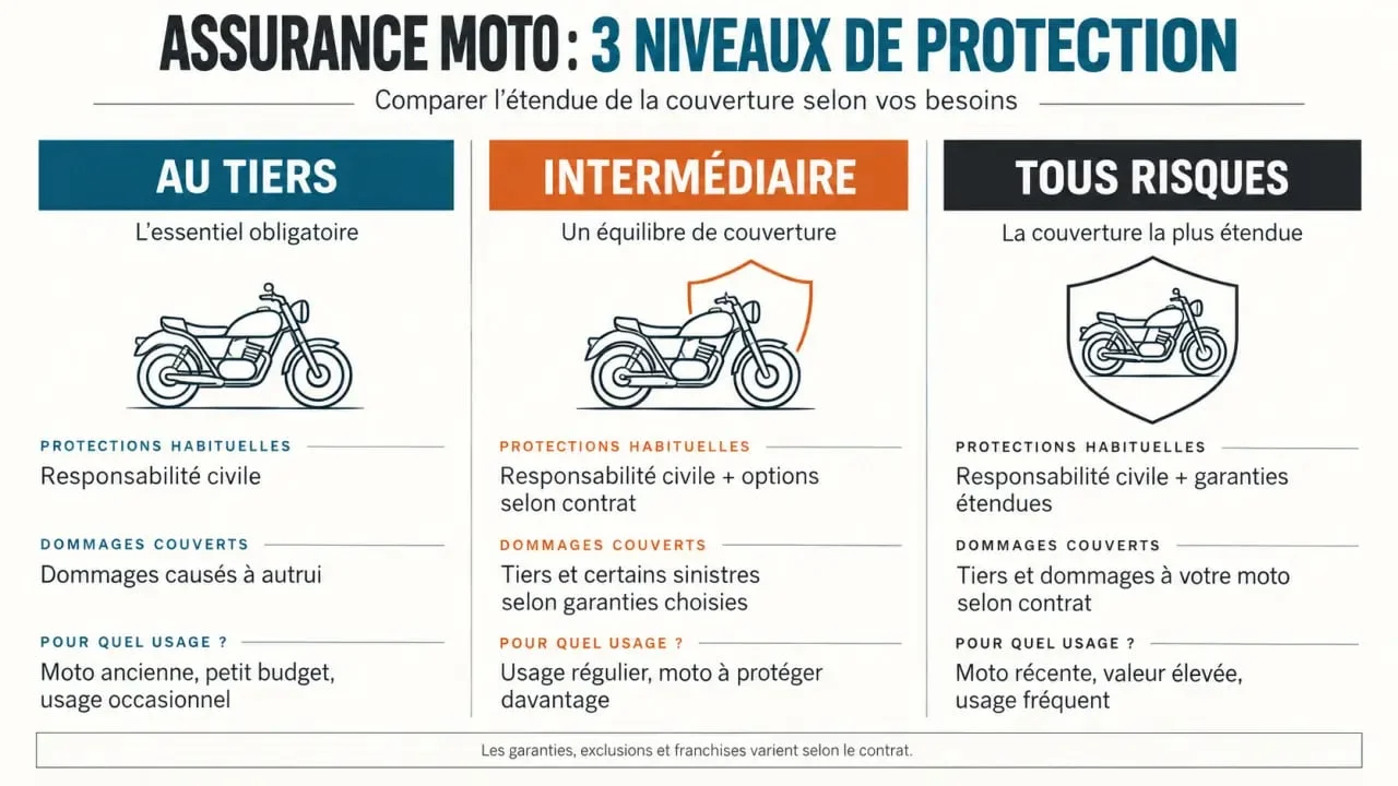 Devis assurance moto validation en ligne réunion : comparaison visuelle des formules au tiers, intermédiaire et tous risques