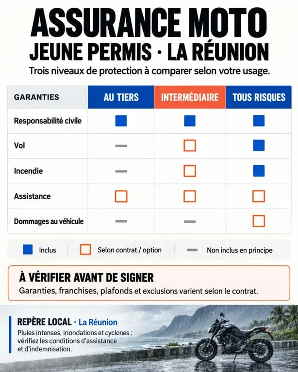 Infographie sur le devis assurance moto jeune permis 974 et les formules au tiers, intermédiaire et tous risques