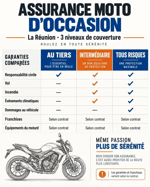Comparatif devis assurance moto occasion réunion entre formules au tiers, intermédiaire et tous risques
