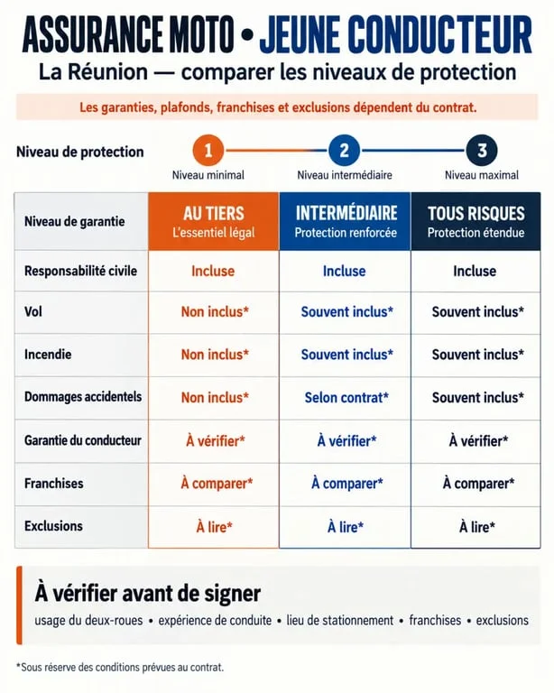 Assurance moto jeune conducteur Réunion : comparaison visuelle des formules au tiers, intermédiaire et tous risques