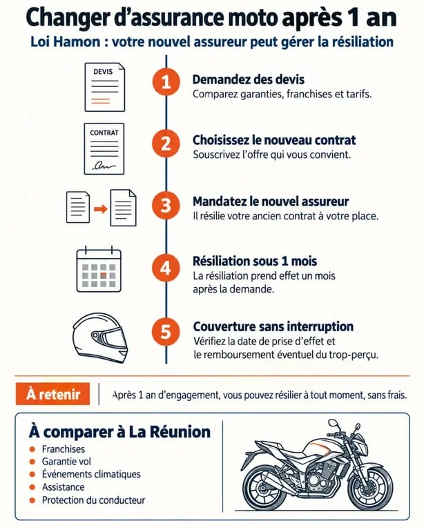 Infographie sur le devis assurance moto loi Hamon à La Réunion et les étapes du changement d’assureur