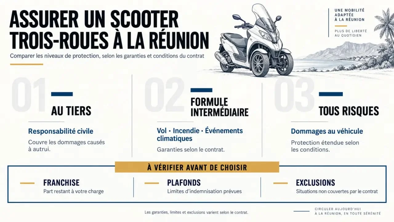 Devis assurance 3 roues Réunion : comparaison des garanties au tiers, intermédiaire et tous risques