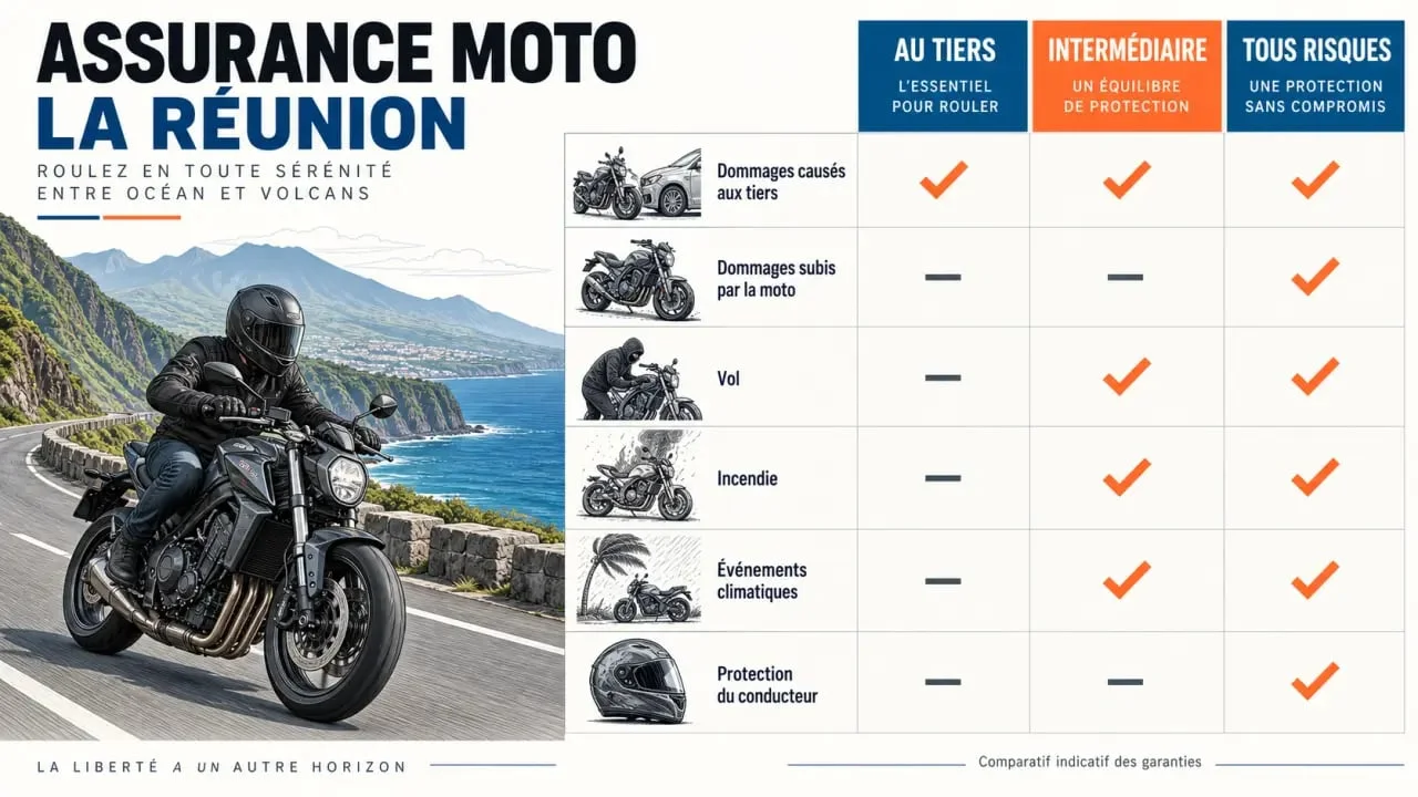 Comparaison visuelle d’un devis assurance moto au tiers à La Réunion avec les formules intermédiaire et tous risques