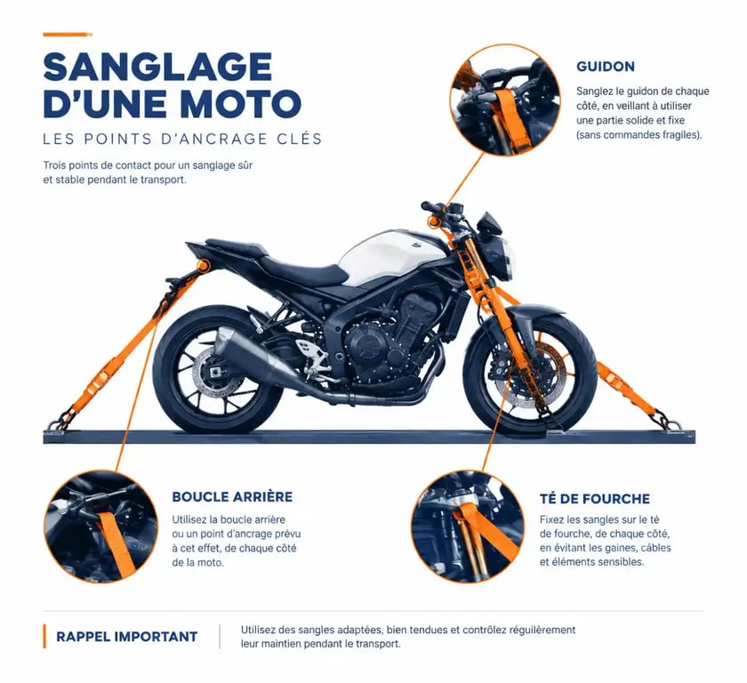 Schéma des points d'ancrage pour transporter sa moto en toute sécurité lors d'un déménagement