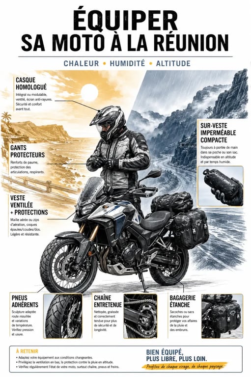 Comment bien équiper sa moto pour rouler à La Réunion : visuel des équipements essentiels face au climat tropical
