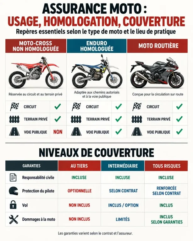 Assurance moto cross Réunion : différences entre moto-cross homologuée, non homologuée et niveaux de garanties