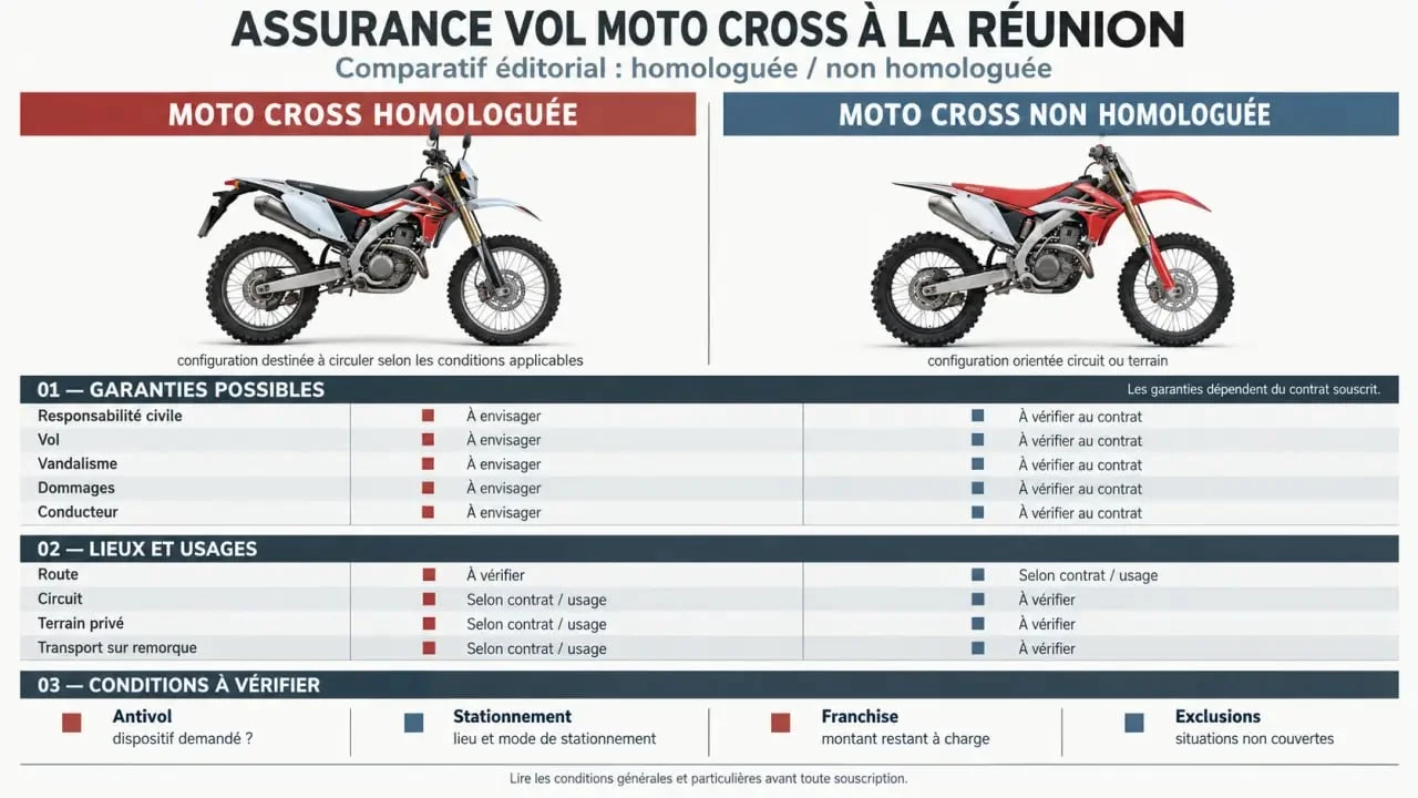 Infographie sur l’assurance vol moto cross à La Réunion selon l’homologation et l’usage