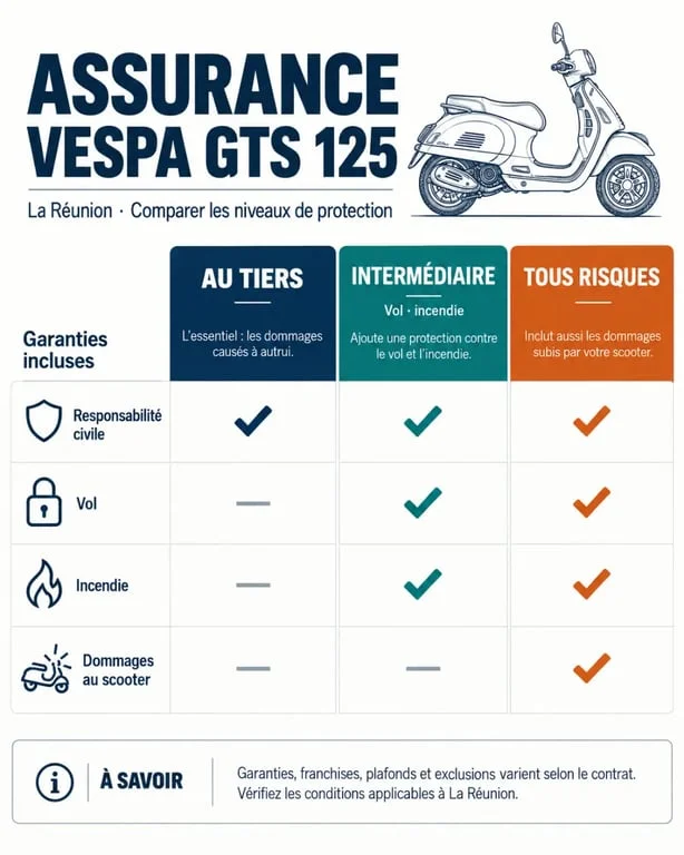 Comparaison des formules de prix assurance Vespa GTS 125 Réunion : tiers, intermédiaire et tous risques